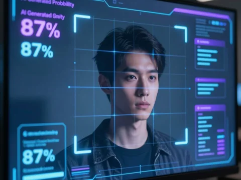 Futuristic AI Facial Analysis Interface Display