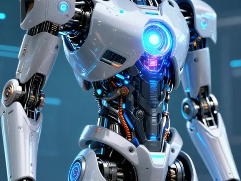 Futuristic AI Robot Guardian with Glowing Core