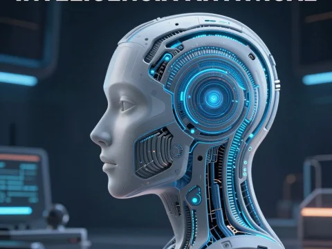 Futuristic AI Robot Head with Blue Neon Circuitry