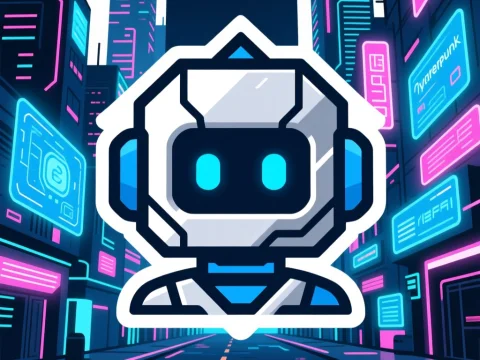 Futuristic AI Robot Icon in Neon Cyber City