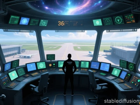 Futuristic Air Traffic Control Tower Interior with Operator