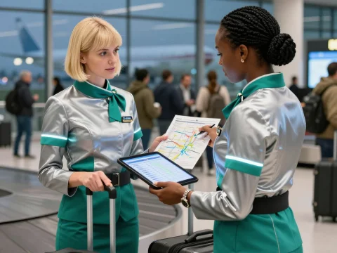 Futuristic Airport Staff Collaborating with Digital Devices