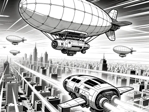 Futuristic Airships and Spaceship Over a Manga Cityscape