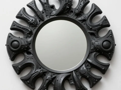 Futuristic Alien Artifact Mirror with Intricate Black Frame