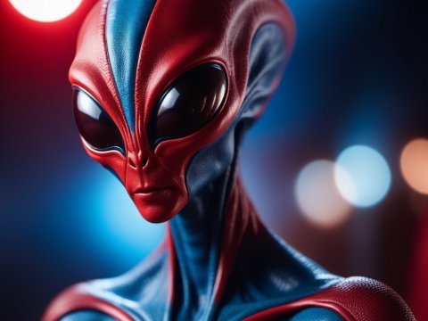 Futuristic Alien Character in Red and Blue Suit