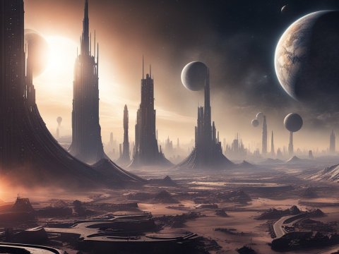 Futuristic Alien Cityscape with Towering Structures and Planets