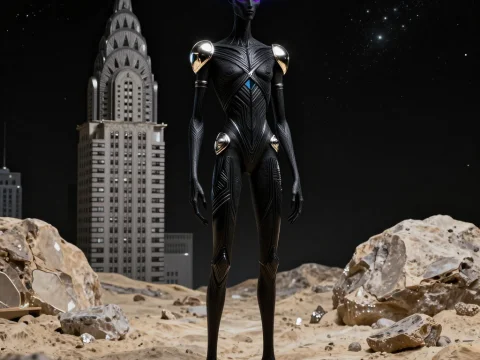Futuristic Alien Figure with Glowing Purple Eyes on Rocky Terrain