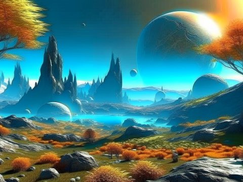 Futuristic Alien Landscape with Autumn Trees and Distant Planets