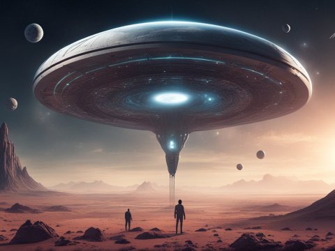 Futuristic Alien Landscape with Massive Spaceship and Planets