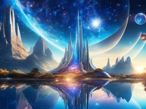 Futuristic Alien Landscape with Towering Spires and Multiple Planets
