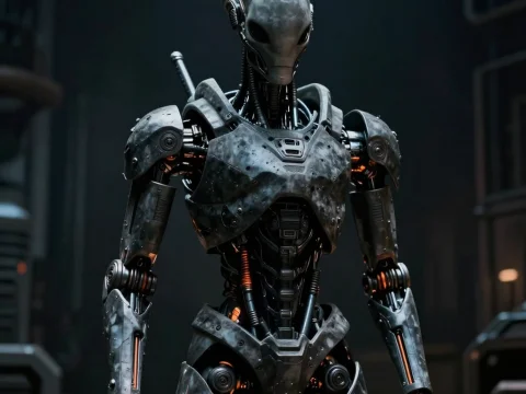 Futuristic Alien Robot in Industrial Setting