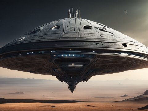 Futuristic Alien Spaceship Hovering Over Desert Landscape