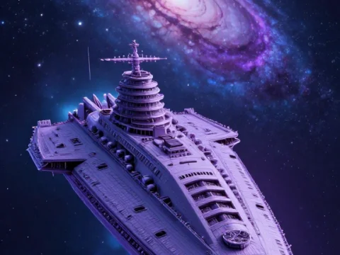 Futuristic Alien Spaceship Near a Vibrant Galaxy