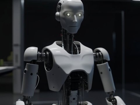 Futuristic Android Humanoid Robot in Dark Lab