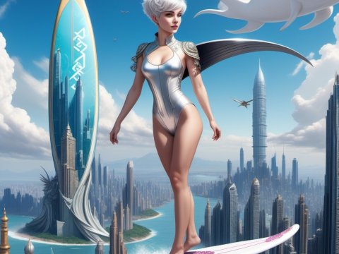 Futuristic Angelic Woman Surfing Above a Sci-Fi City