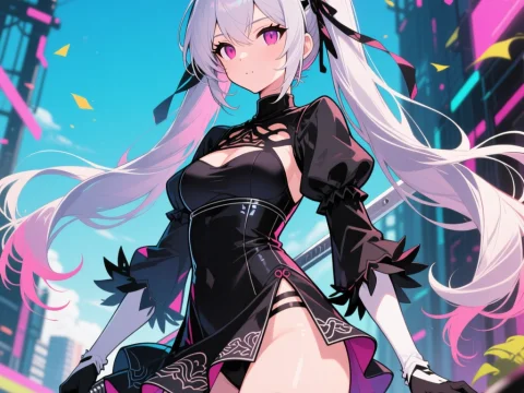 Futuristic Anime Warrior with Long White Hair and Katana