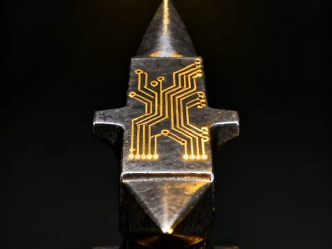 Futuristic Anvil with Circuit Pattern Highlighted by Spotlight