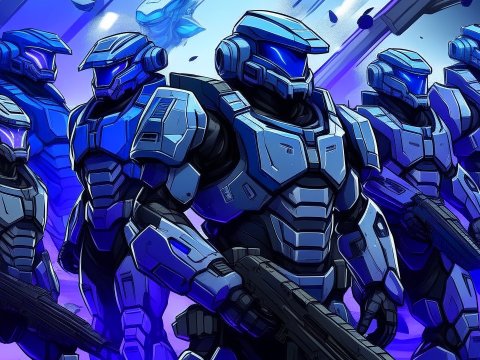 Futuristic Armored Soldiers in Blue Sci-Fi Armor