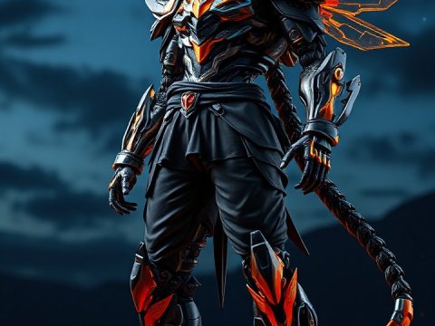 Futuristic Armored Warrior with Glowing Orange Wings