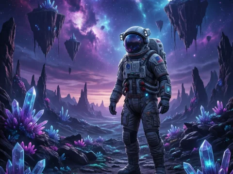 Futuristic Astronaut on an Alien Crystal Planet