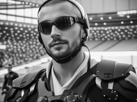 Futuristic Athlete in High-Tech Armor and Helmet