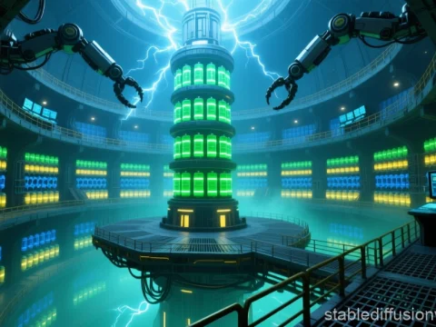 Futuristic Battery Charging Arena with Robotic Arms