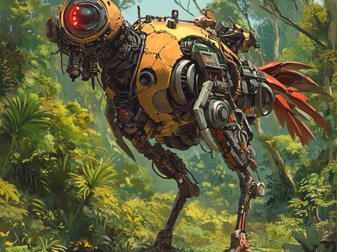 Futuristic Biomechanical Chicken Walker in Lush Forest
