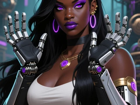 Futuristic Black Woman Inventor with Cybernetic Arms