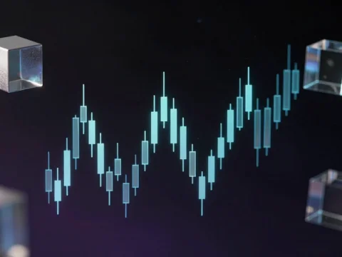 Futuristic Blockchain Candlestick Chart with Floating Cubes
