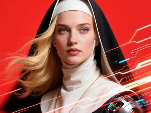 Futuristic Blonde Nun with Cybernetic Arm on Red Background