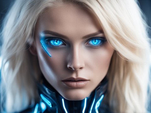 Futuristic Blonde Woman with Glowing Blue Cybernetic Eyes