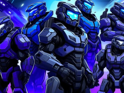 Futuristic Blue Armored Soldiers in Sci-Fi Battle Scene