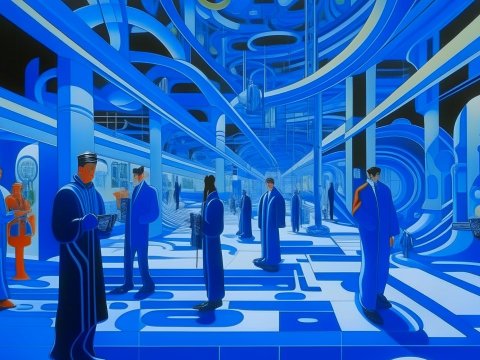 Futuristic Blue-Hued Gathering in Abstract Architectural Space