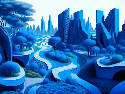 Futuristic Blue Landscape with Flowing River and Abstract Trees