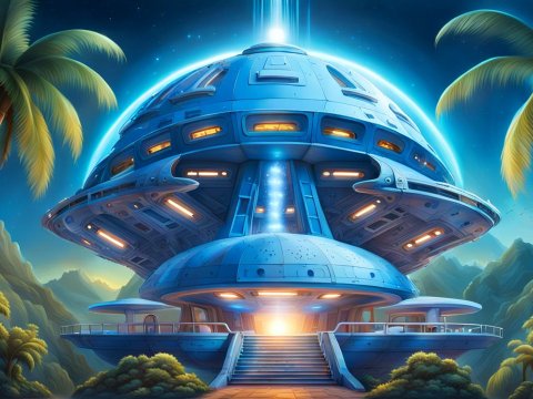Futuristic Blue Metal Spaceship on Alien Tropical Planet