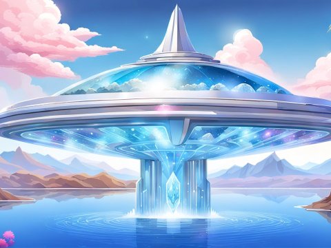 Futuristic Blue Metallic Spaceship Over Serene Lake