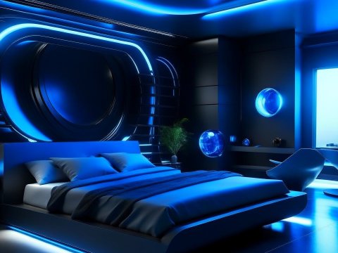 Futuristic Blue Neon Bedroom Interior
