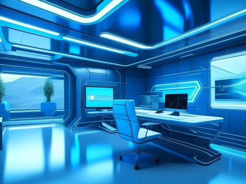 Futuristic Blue Office Interior with Neon Lighting