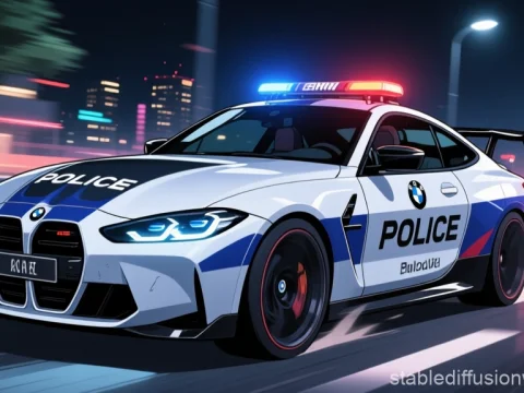 Futuristic BMW Police Car at Night in City
