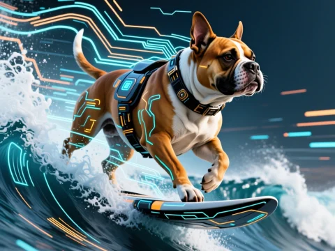 Futuristic Bull Terrier Surfing on Neon Circuit Waves