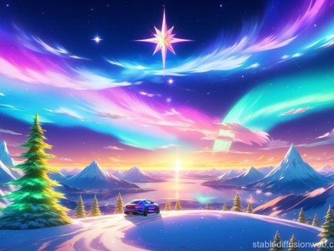 Futuristic Car Overlooking a Vibrant Aurora Mountain Landscape