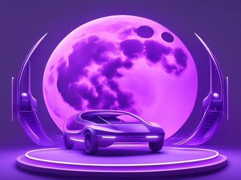 Futuristic Car with Neon Moon Backdrop