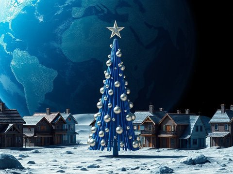 Futuristic Christmas Tree on a Lunar Landscape with Earth in Background