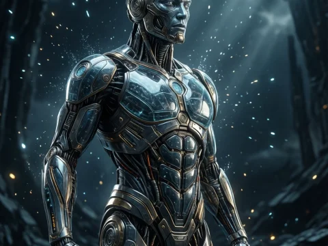 Futuristic Chrome and Glass Humanoid Robot