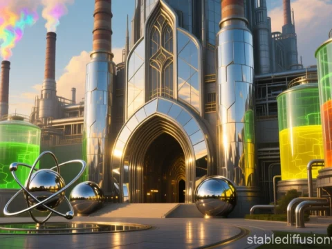 Futuristic Chrome Cathedral with Colorful Industrial Tanks