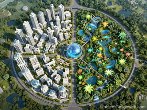 Futuristic Circular City and Oasis Theme Park