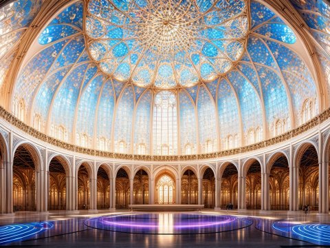 Futuristic Circular Hall with Ornate Dome and Neon Floor
