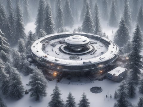 Futuristic Circular Landing Pad Station in Snowy Forest