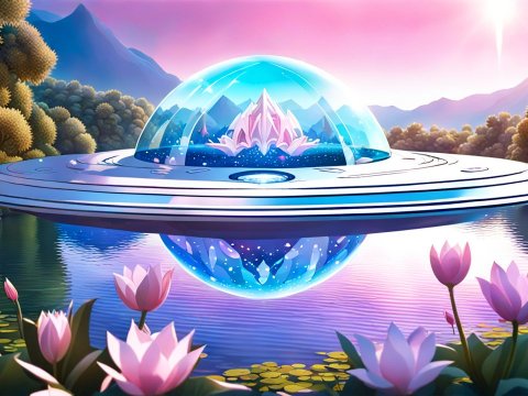 Futuristic Circular Spaceship Over Serene Lake with Lotus Flowers