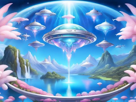 Futuristic Circular Spaceships Over Serene Alien Landscape